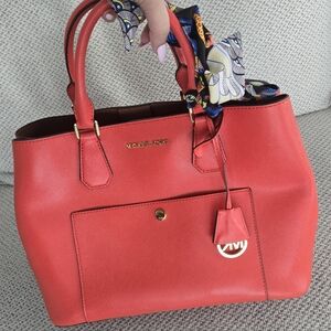 Michael Kors Red Tote with Patterned Scarf